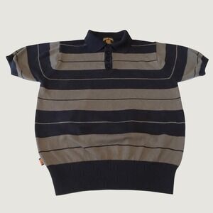 FB County Charlie Brown Navy Grey Striped Knit Polo Shirt Mens Med Short Sleeve